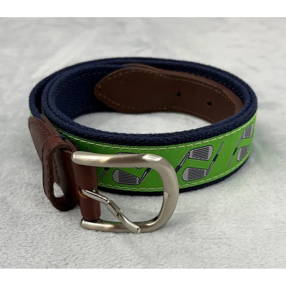 Belted Cow Co Mens Belt Green Golf Clubs Canvas Navy Blue Leather Trim Size 40